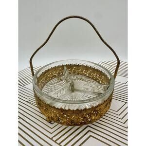 Vintage Gold Trinket Glass Dish MCM Table Decor